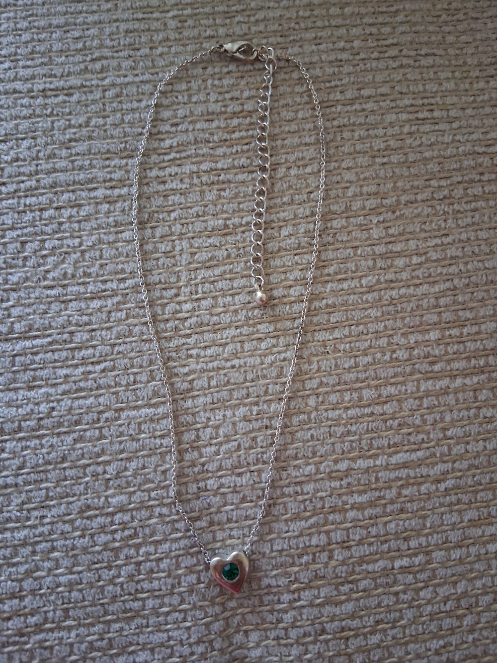 Silver Heart Necklace with Green Gem Center
